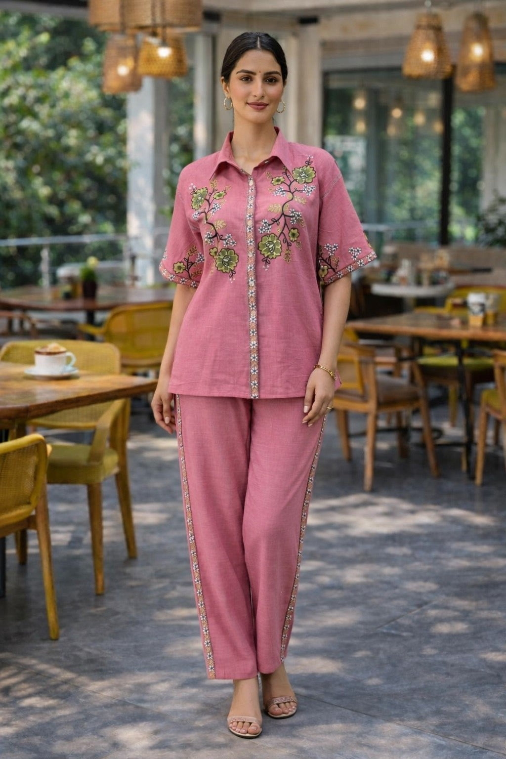 Women's Co-Ord Set in Light Pink Cotton Silk with Multi-Thread Embroidery