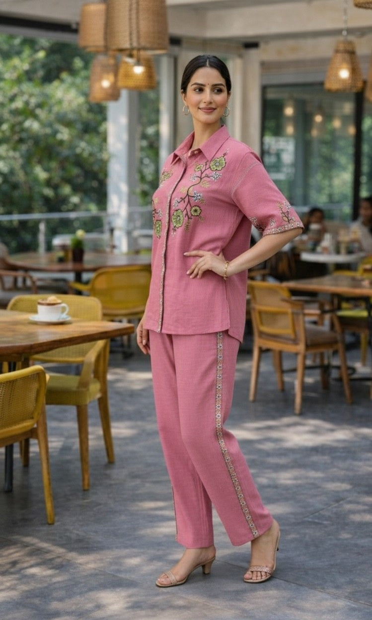 Women's Co-Ord Set in Light Pink Cotton Silk with Multi-Thread Embroidery