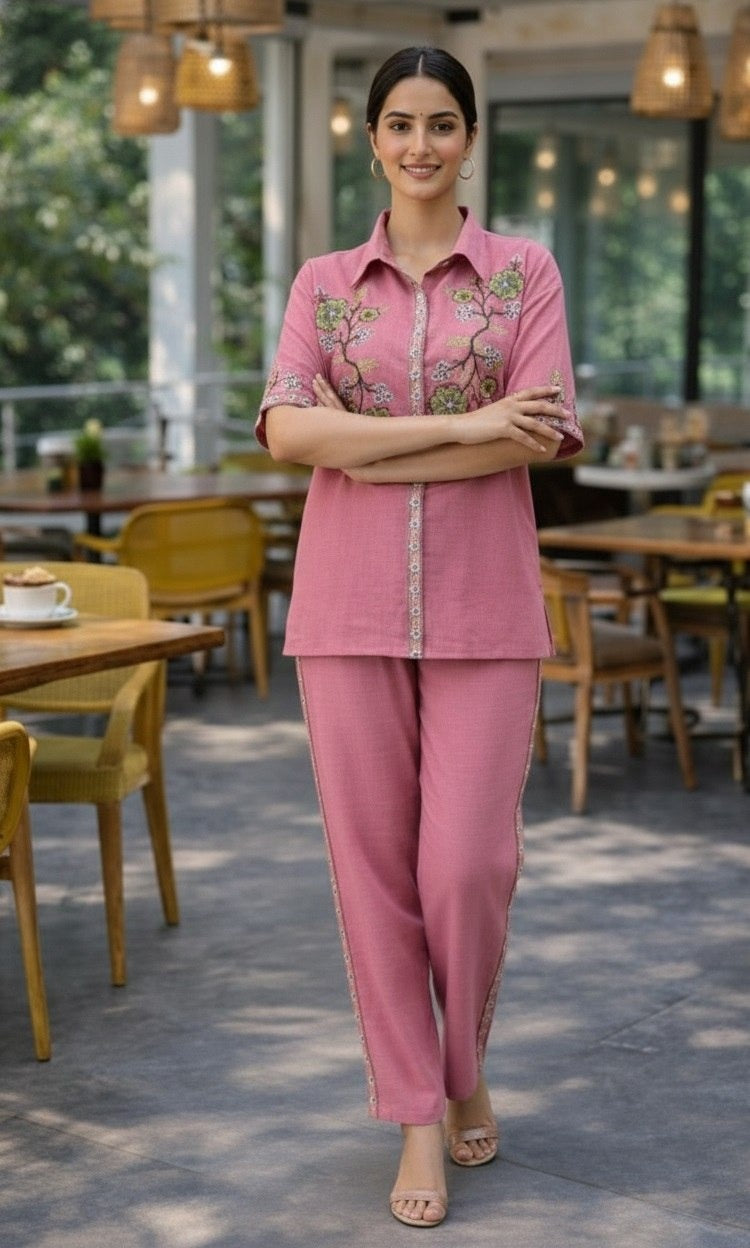 Women's Co-Ord Set in Light Pink Cotton Silk with Multi-Thread Embroidery