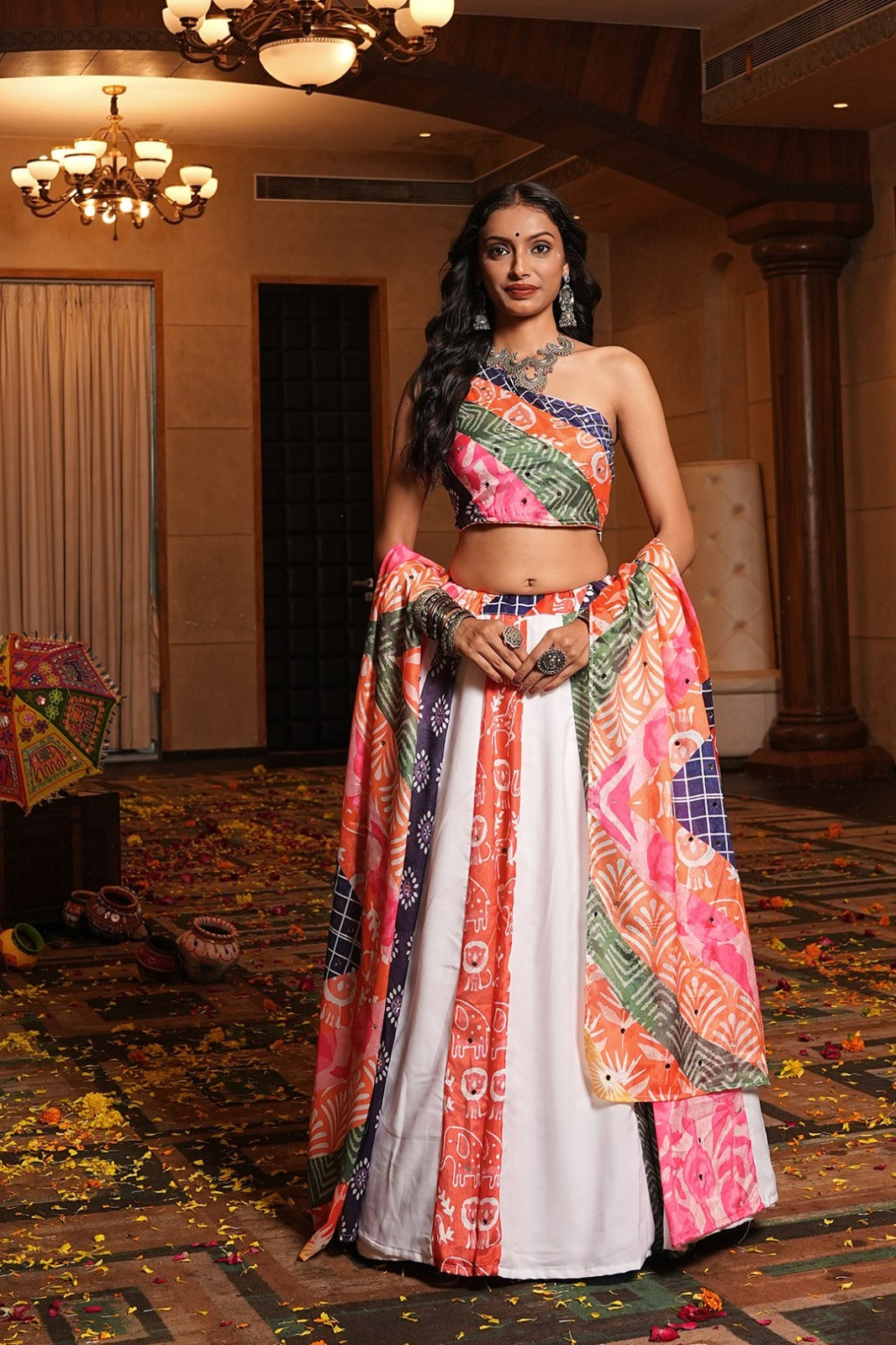 Women's Chaniya Choli in Multi-Color Crepe with Printed and Mirror Work