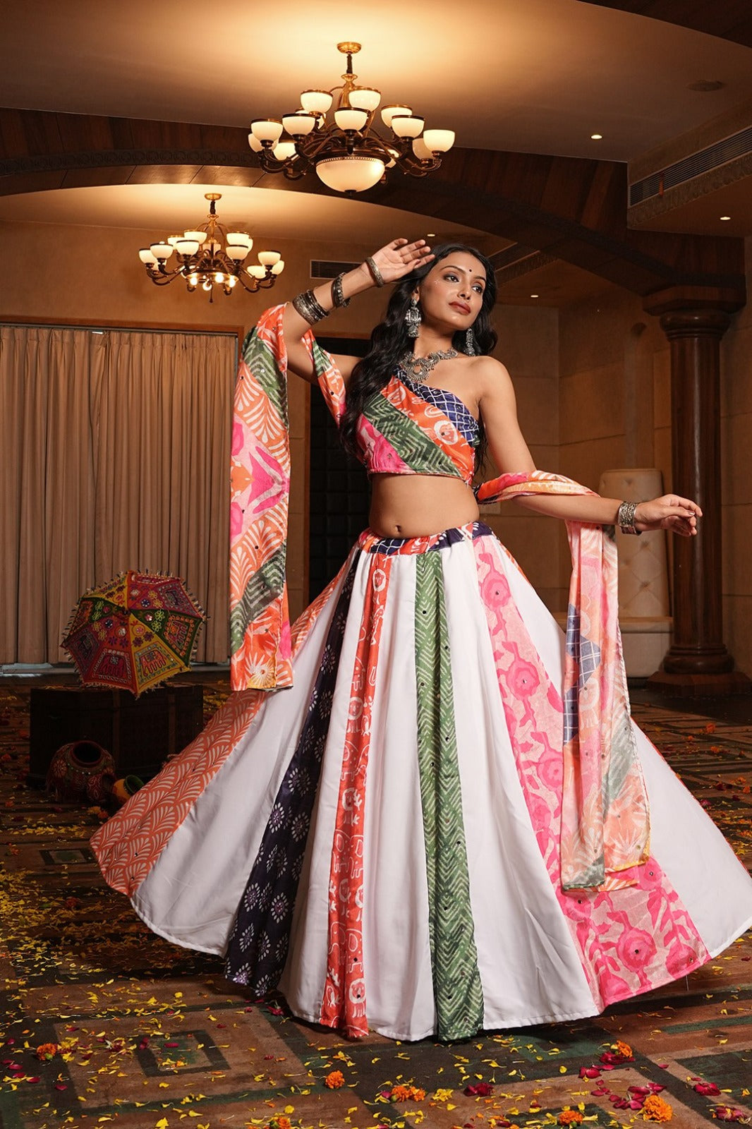 Women's Chaniya Choli in Multi-Color Crepe with Printed and Mirror Work