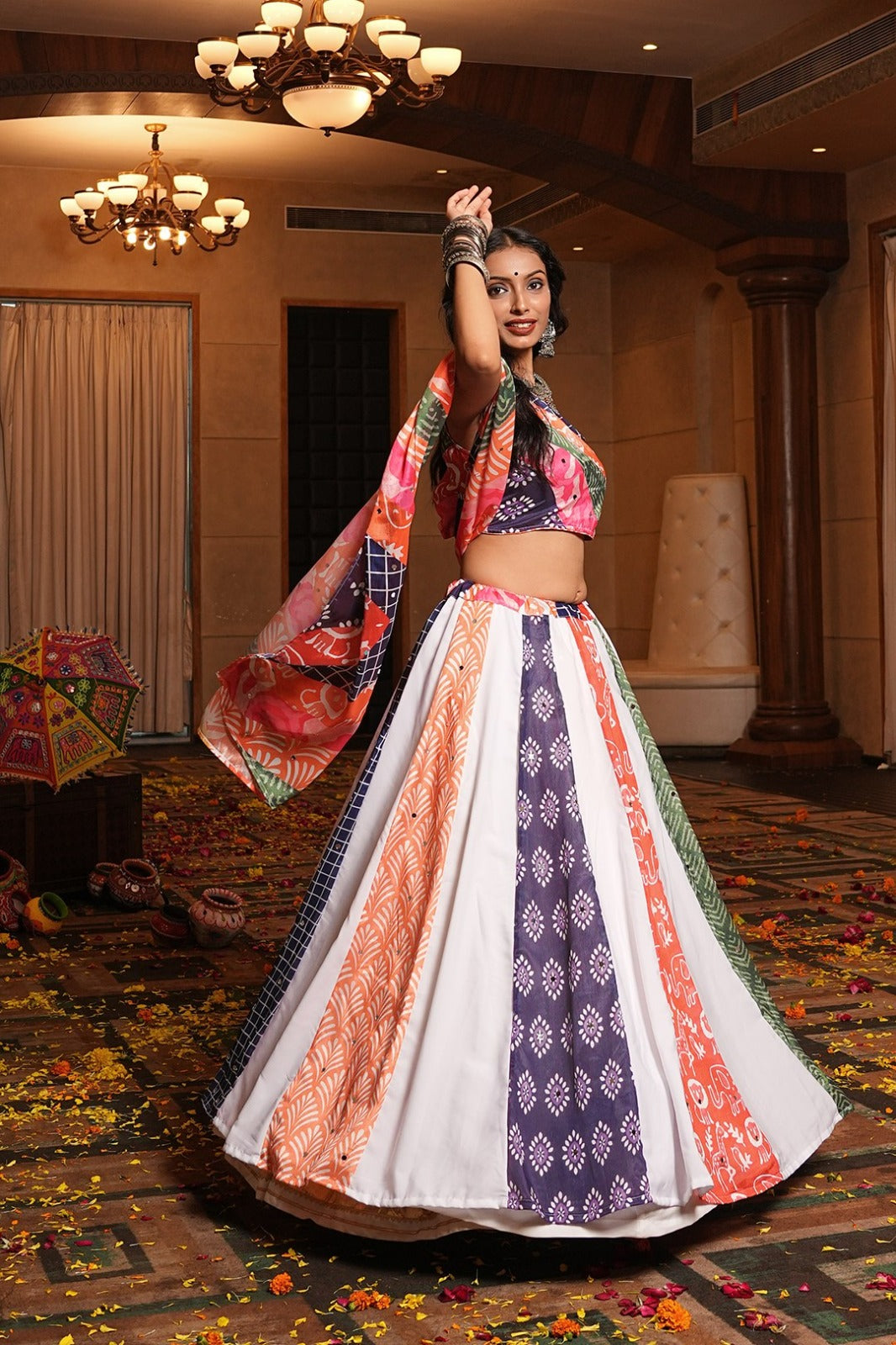 Women's Chaniya Choli in Multi-Color Crepe with Printed and Mirror Work