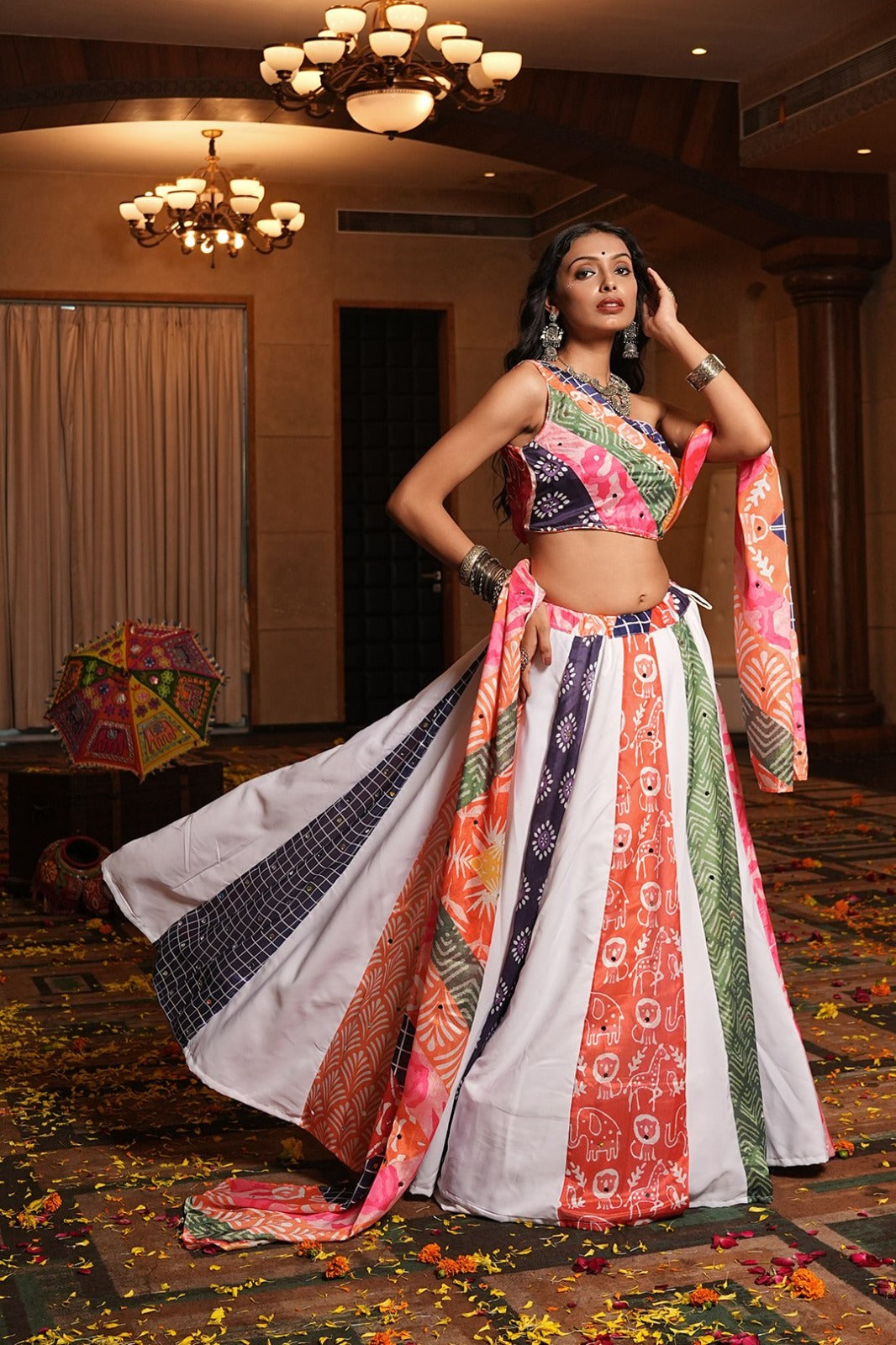 Women's Chaniya Choli in Multi-Color Crepe with Printed and Mirror Work