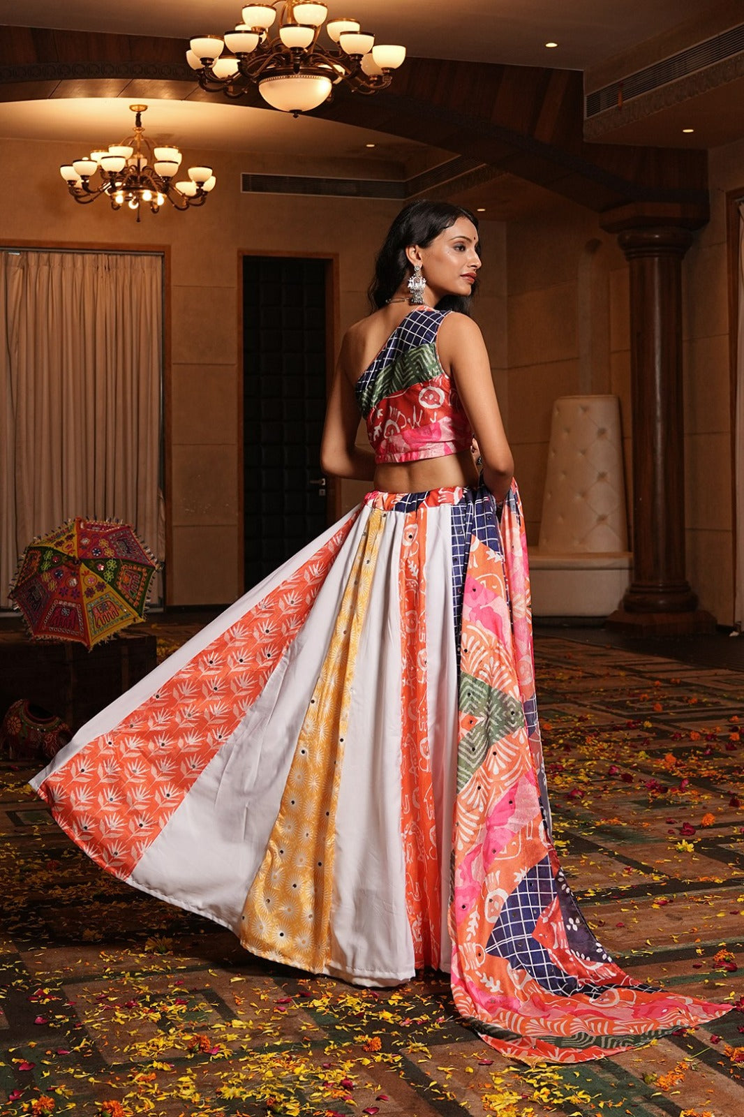 Women's Chaniya Choli in Multi-Color Crepe with Printed and Mirror Work