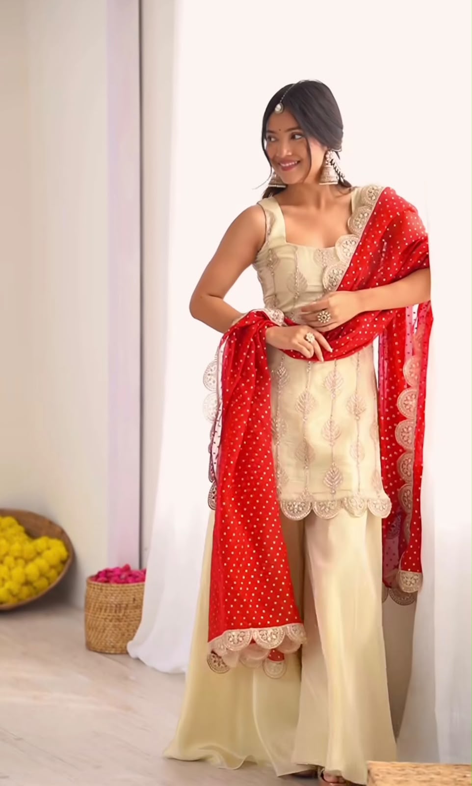 Women's Palazzo Suit in Cream Natural Crepe Silk with Coding Sequin Embroidery