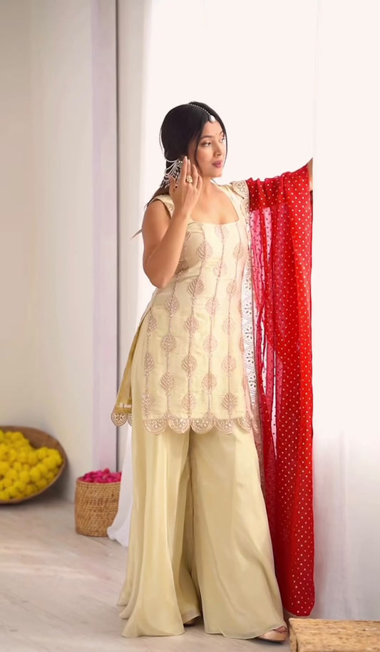 Women's Palazzo Suit in Cream Natural Crepe Silk with Coding Sequin Embroidery