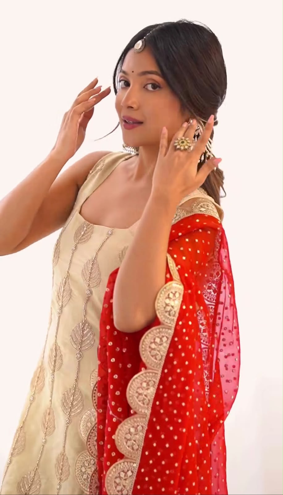 Women's Palazzo Suit in Cream Natural Crepe Silk with Coding Sequin Embroidery