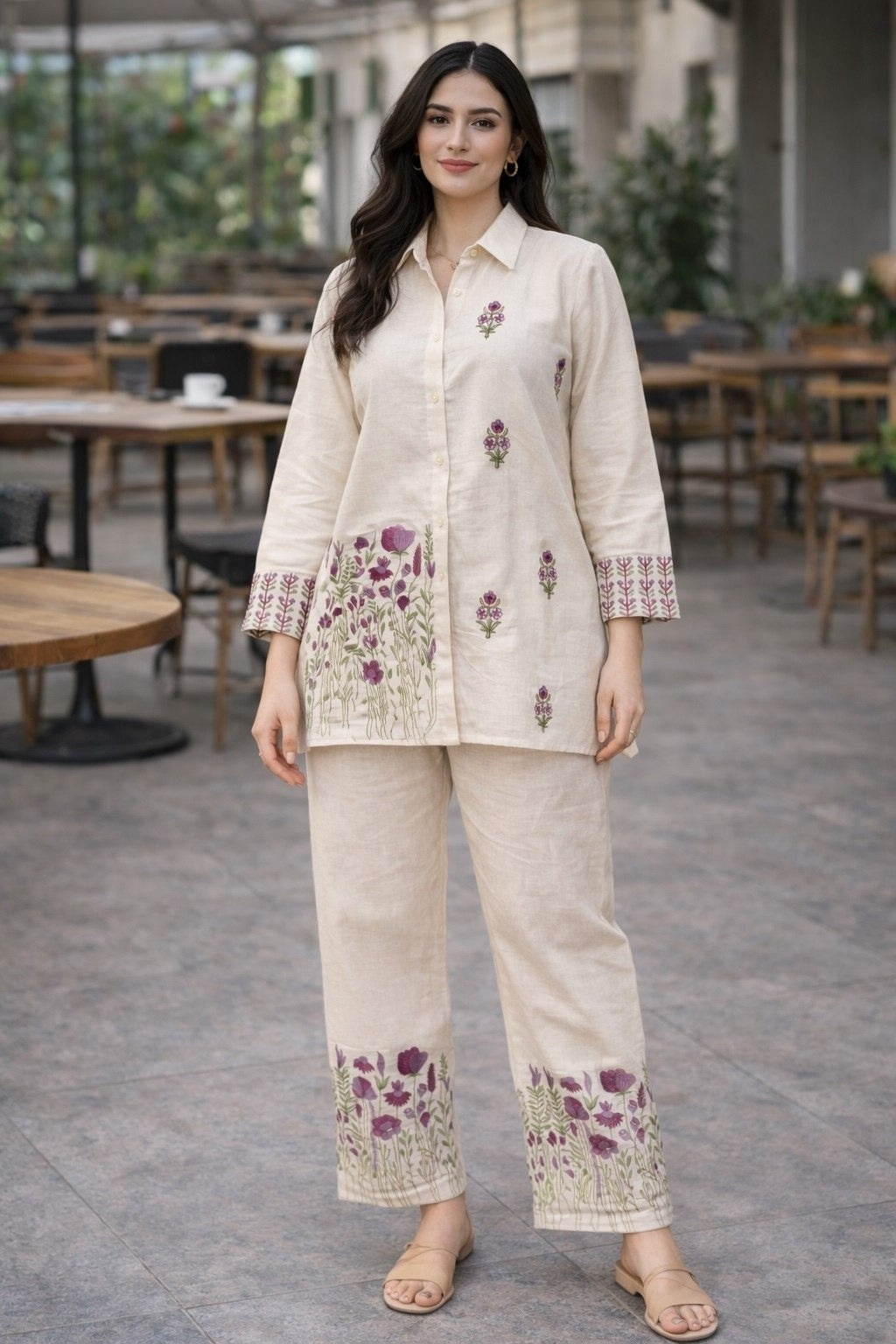 Women's Cotton Co Ord Set in White with Floral Thread Embroidery