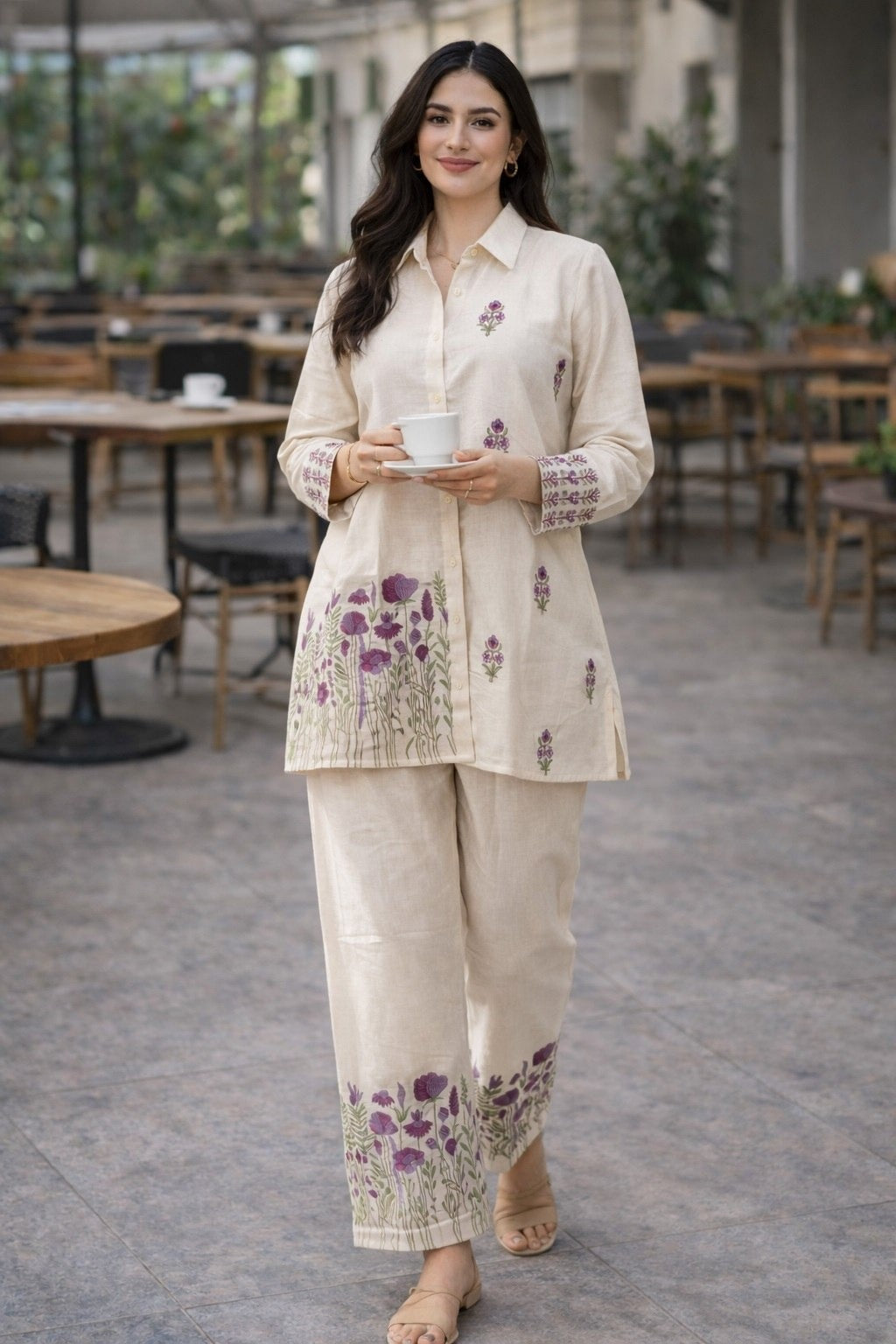 Women's Cotton Co Ord Set in White with Floral Thread Embroidery