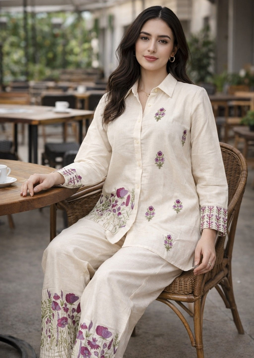 Women's Cotton Co Ord Set in White with Floral Thread Embroidery