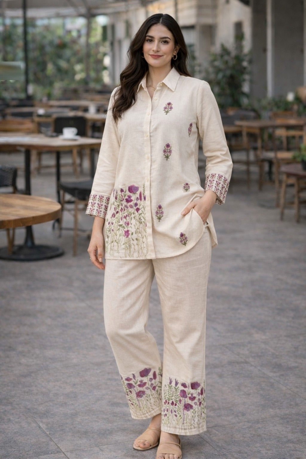 Women's Cotton Co Ord Set in White with Floral Thread Embroidery
