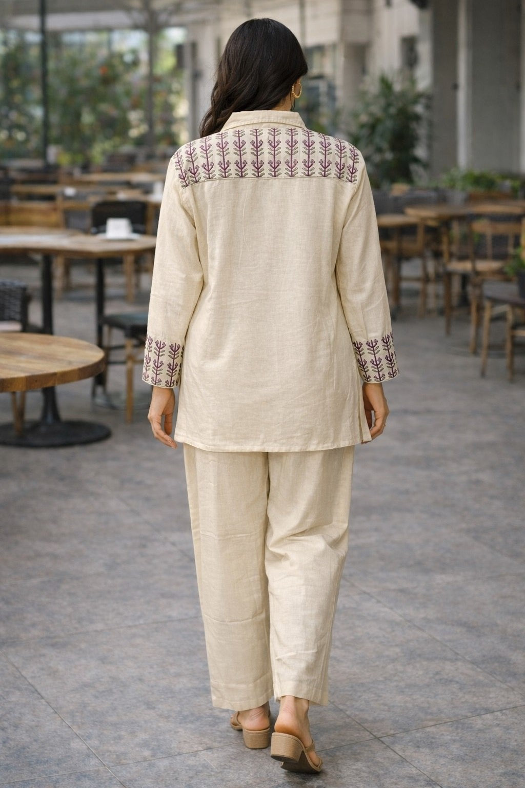 Women's Cotton Co Ord Set in White with Floral Thread Embroidery