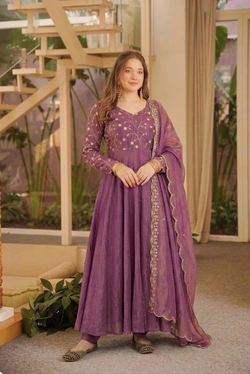 Women's Anarkali Suit in Mauve Cosmos Silk with Sequin Embroidery