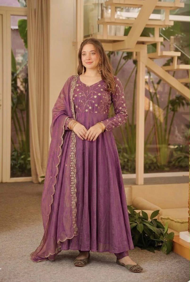 Women's Anarkali Suit in Mauve Cosmos Silk with Sequin Embroidery