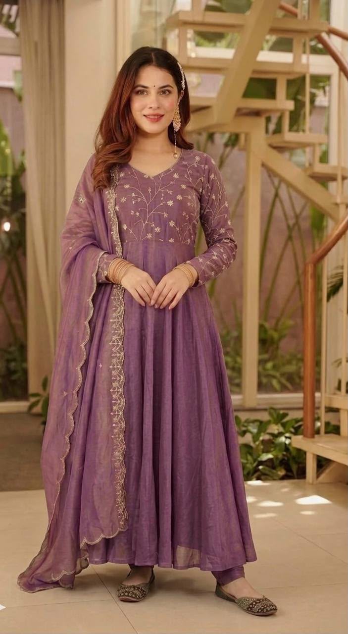 Women's Anarkali Suit in Mauve Cosmos Silk with Sequin Embroidery