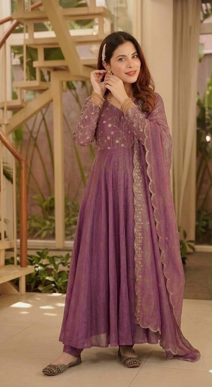 Women's Anarkali Suit in Mauve Cosmos Silk with Sequin Embroidery