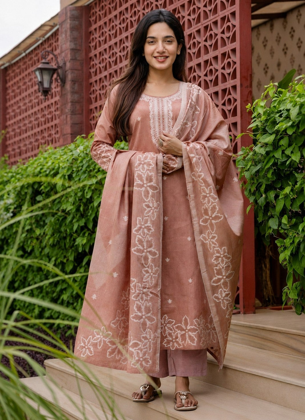 Women's Cotton Kurta Pant Dupatta Set in Light Maroon with Floral Embroidery