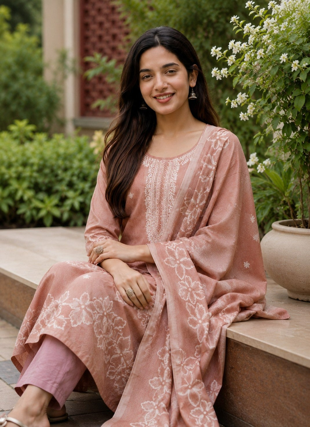 Women's Cotton Kurta Pant Dupatta Set in Light Maroon with Floral Embroidery