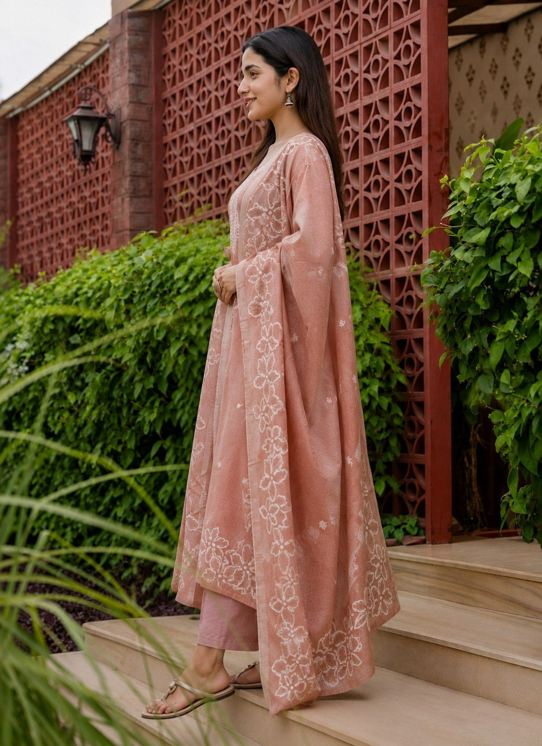Women's Cotton Kurta Pant Dupatta Set in Light Maroon with Floral Embroidery