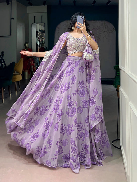 Women's Cape Style Lehenga Set in Assorted Pastel Colors Georgette with Thread Embroidery