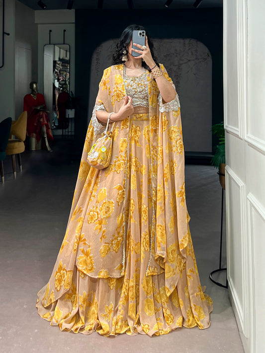 Women's Cape Style Lehenga Set in Assorted Pastel Colors Georgette with Thread Embroidery
