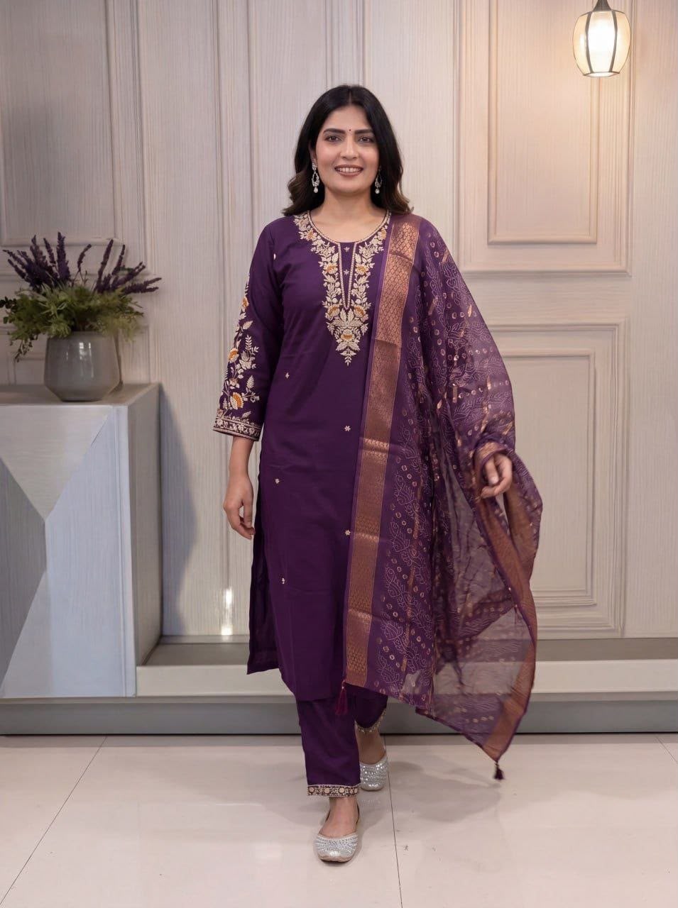 Women's Kurti Pant Dupatta Set in Assorted Colors Cotton Blend with Embroidery