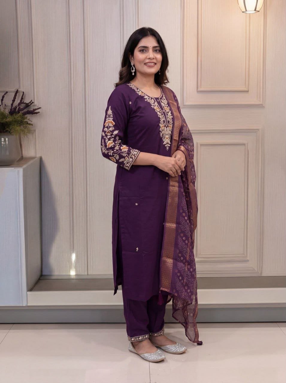 Women's Kurti Pant Dupatta Set in Assorted Colors Cotton Blend with Embroidery