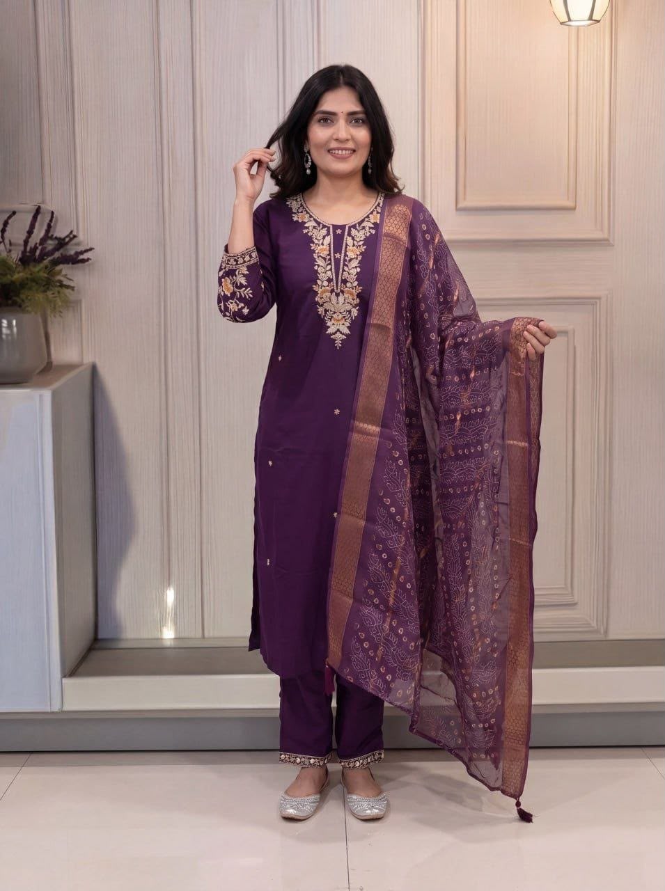 Women's Kurti Pant Dupatta Set in Assorted Colors Cotton Blend with Embroidery