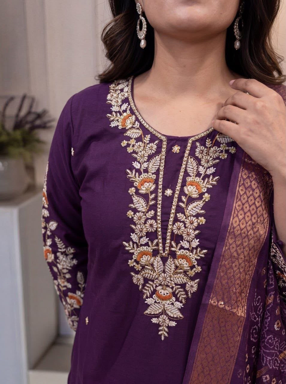 Women's Kurti Pant Dupatta Set in Assorted Colors Cotton Blend with Embroidery