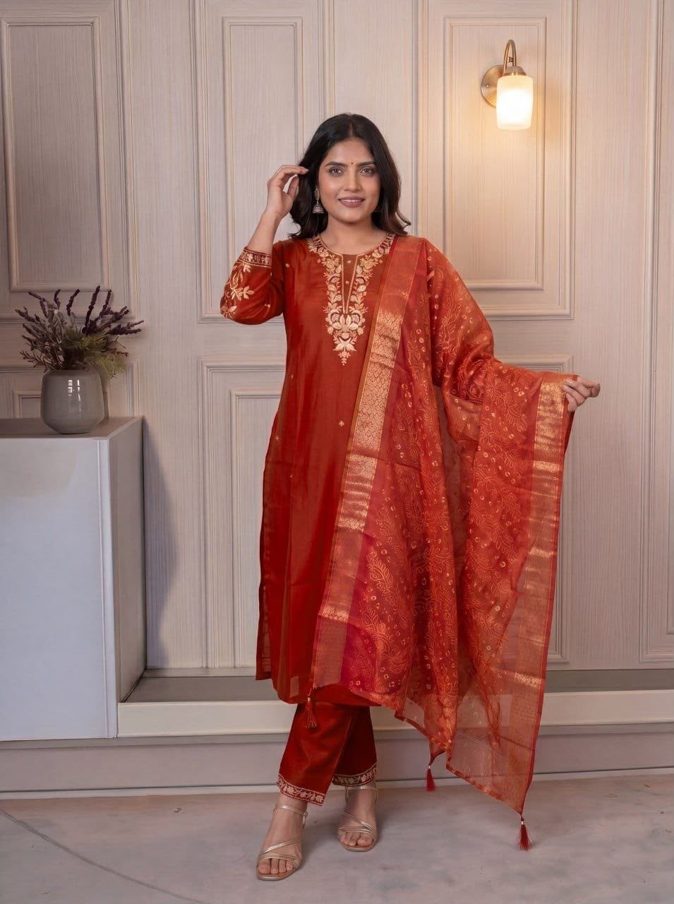 Women's Kurti Pant Dupatta Set in Assorted Colors Cotton Blend with Embroidery