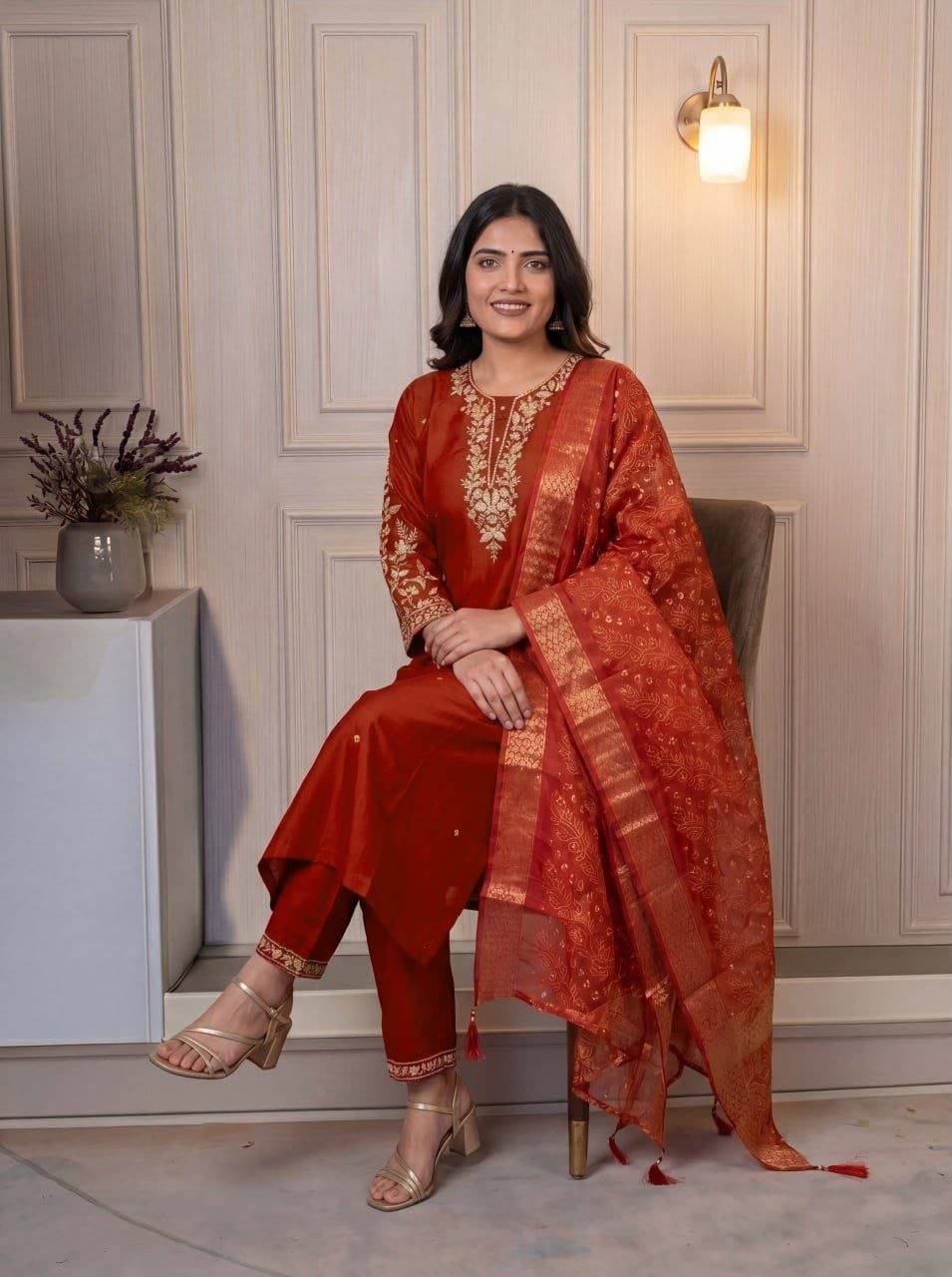 Women's Kurti Pant Dupatta Set in Assorted Colors Cotton Blend with Embroidery