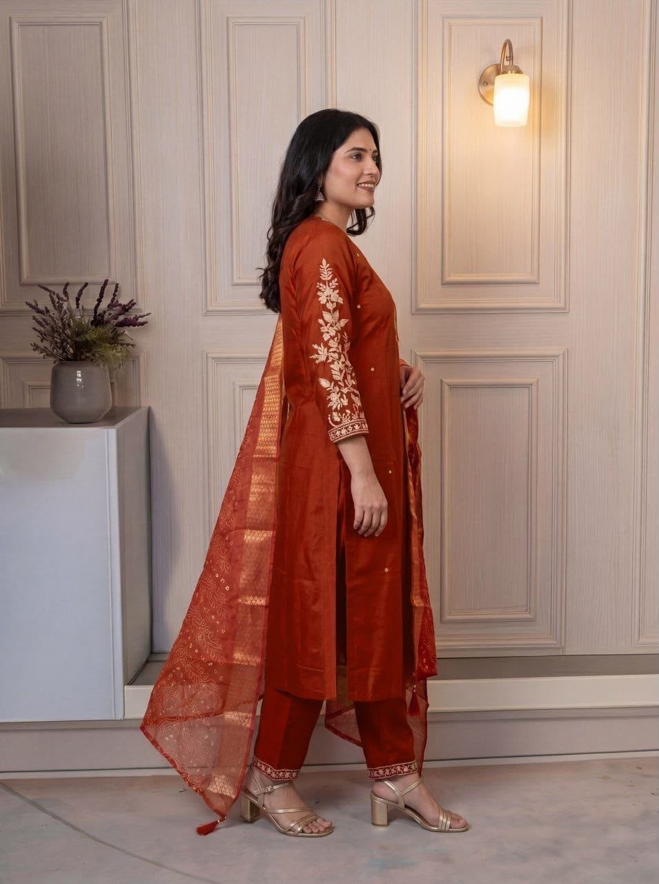 Women's Kurti Pant Dupatta Set in Assorted Colors Cotton Blend with Embroidery