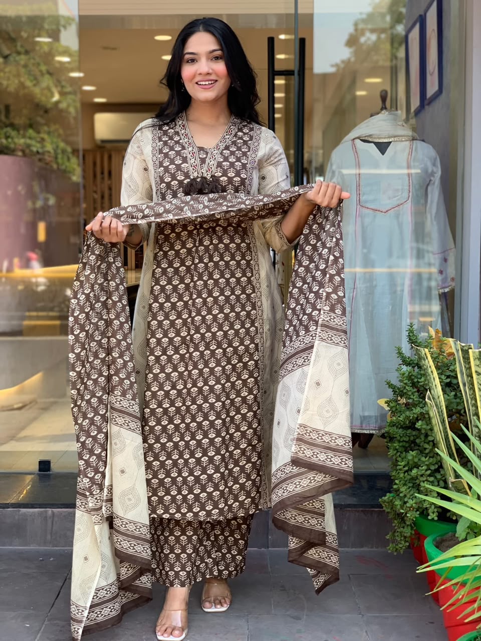 Women's Cotton Kurta Set in Maroon and Brown Jaipur Cotton with Floral Hand Work