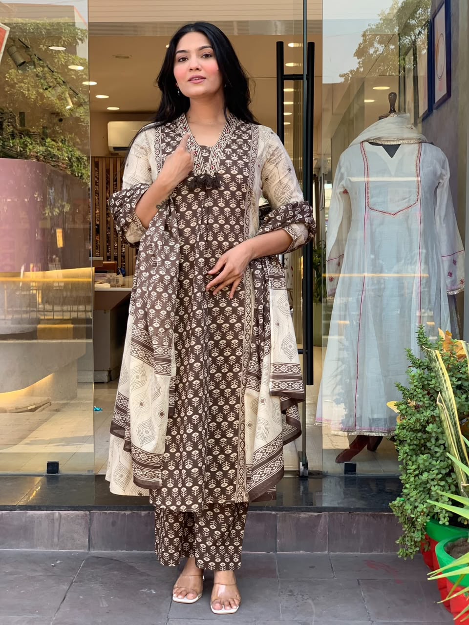 Women's Cotton Kurta Set in Maroon and Brown Jaipur Cotton with Floral Hand Work