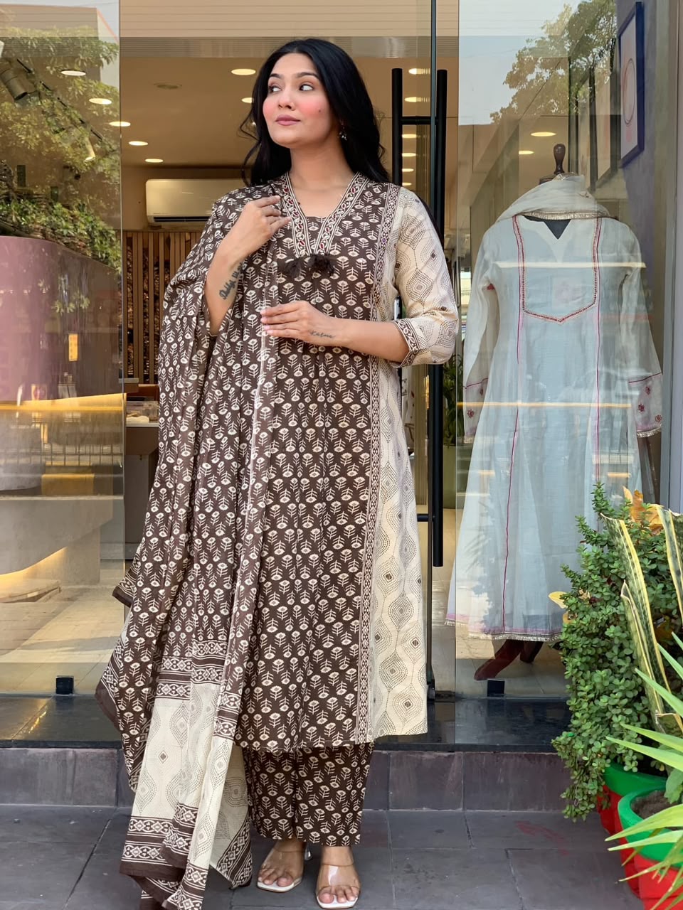 Women's Cotton Kurta Set in Maroon and Brown Jaipur Cotton with Floral Hand Work