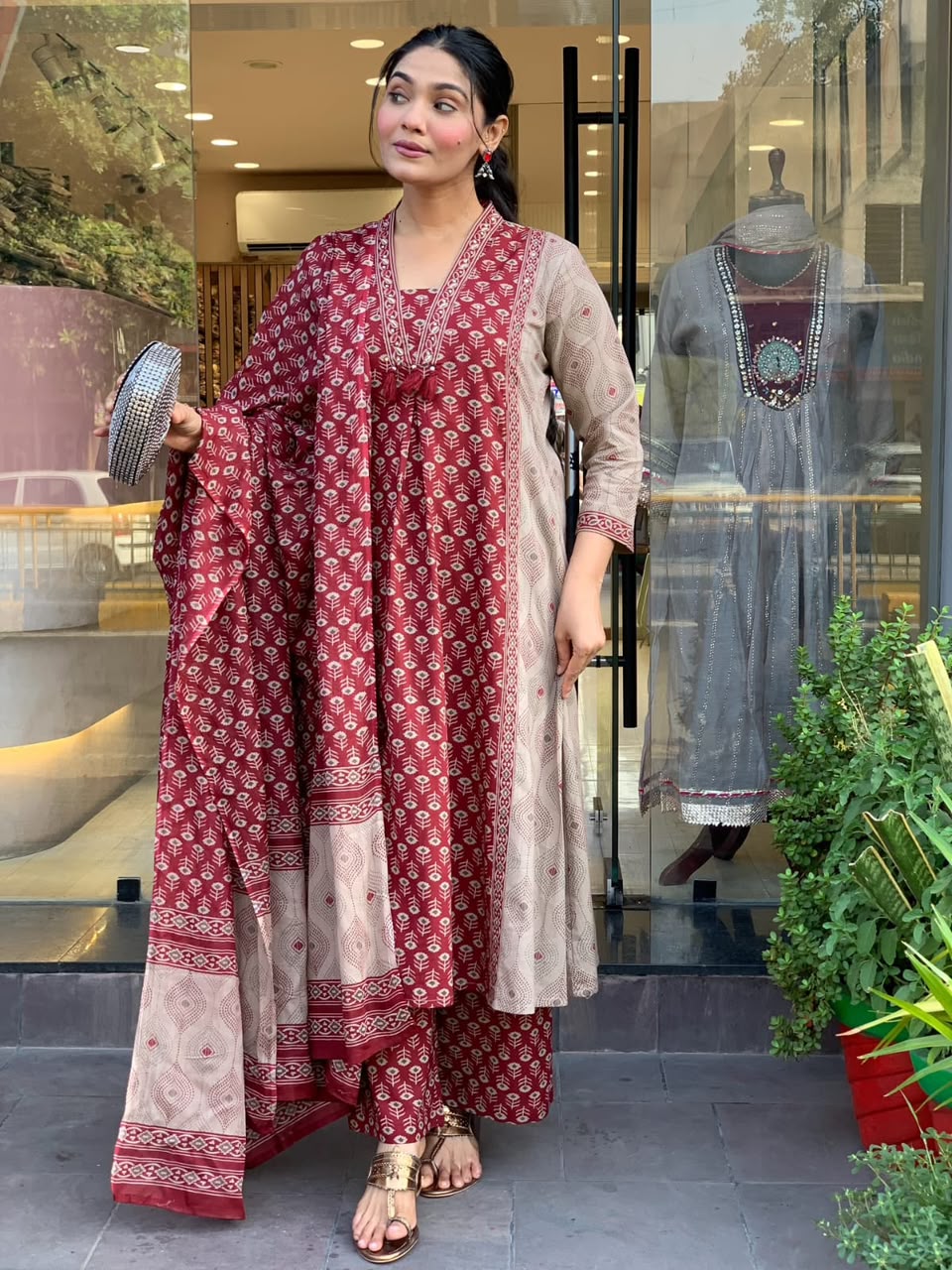 Women's Cotton Kurta Set in Maroon and Brown Jaipur Cotton with Floral Hand Work