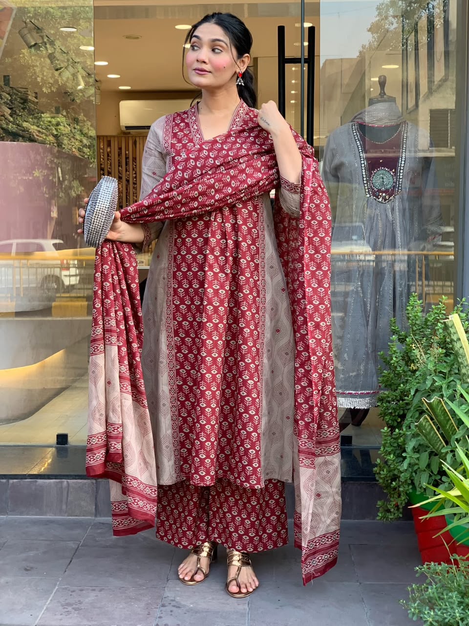 Women's Cotton Kurta Set in Maroon and Brown Jaipur Cotton with Floral Hand Work