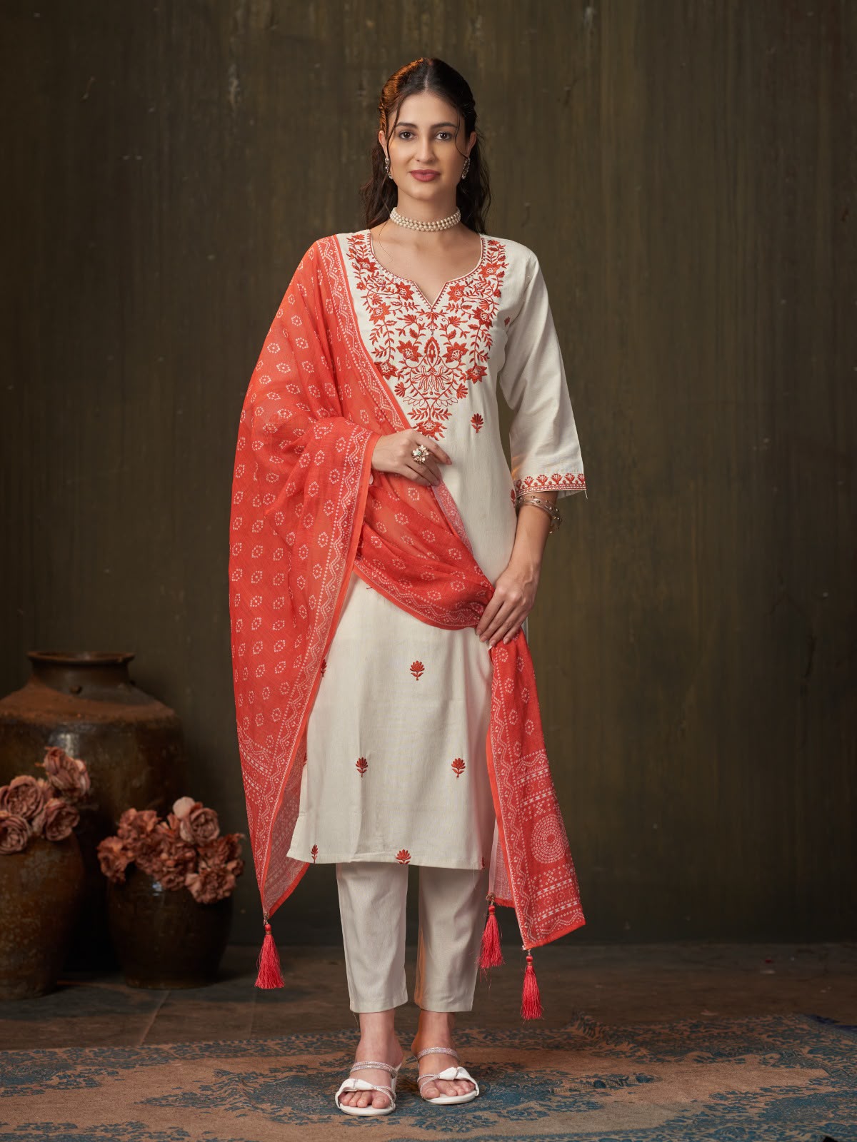 Women's Kurti Pant Dupatta Set in Ivory Khadi Cotton with Rust Embroidery