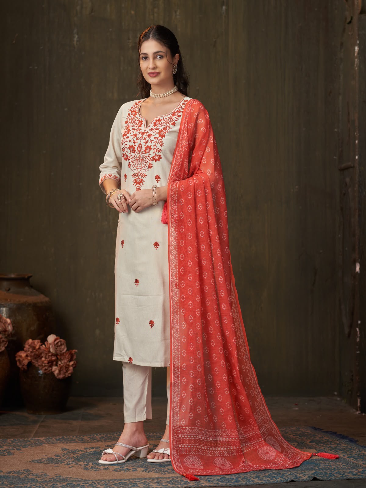 Women's Kurti Pant Dupatta Set in Ivory Khadi Cotton with Rust Embroidery