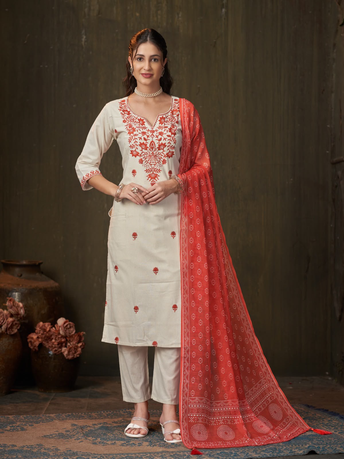 Women's Kurti Pant Dupatta Set in Ivory Khadi Cotton with Rust Embroidery