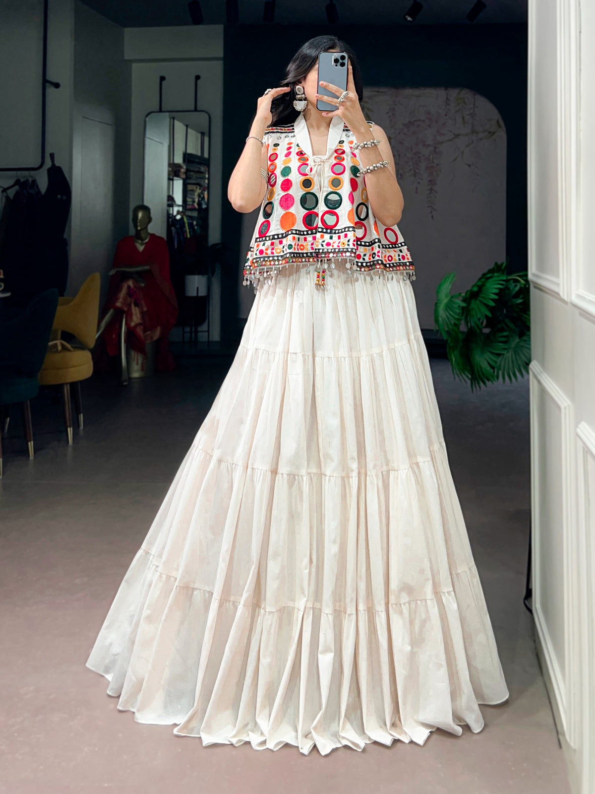 Women's Navratri Lehenga Set in Ivory with Mirror Work