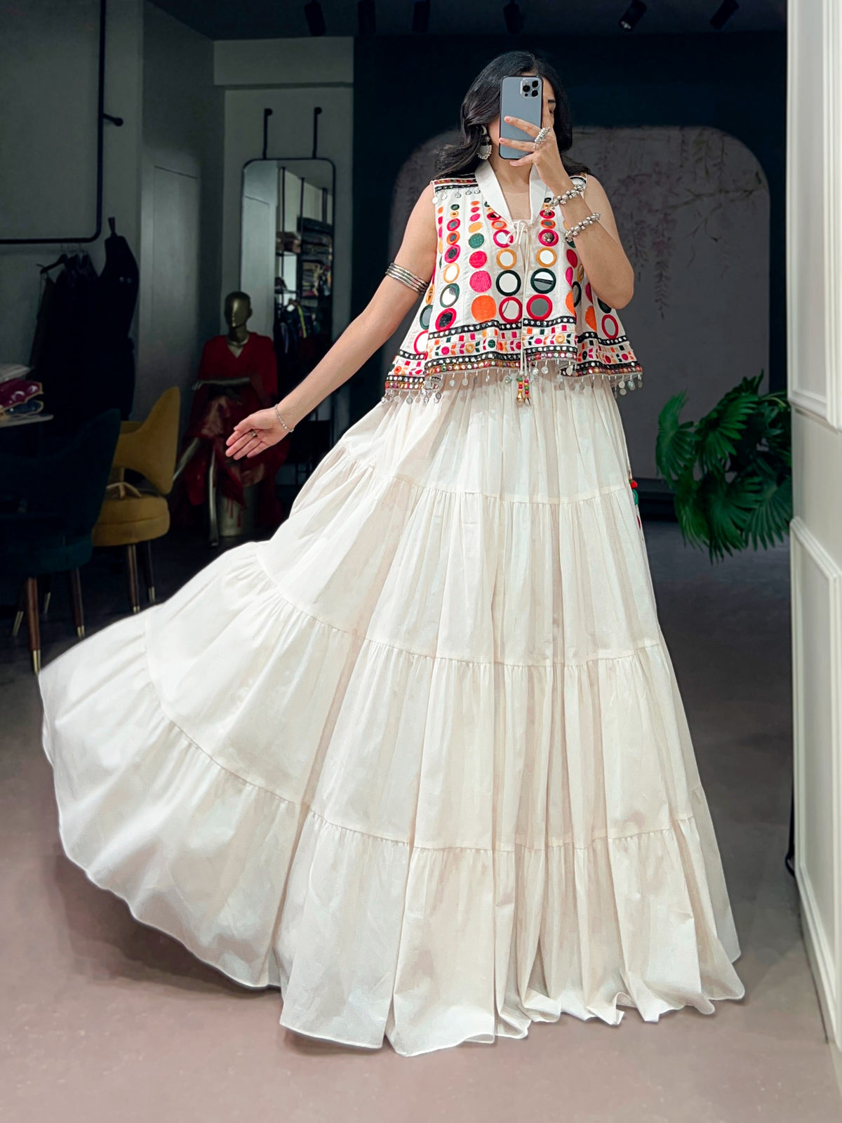 Women's Navratri Lehenga Set in Ivory with Mirror Work