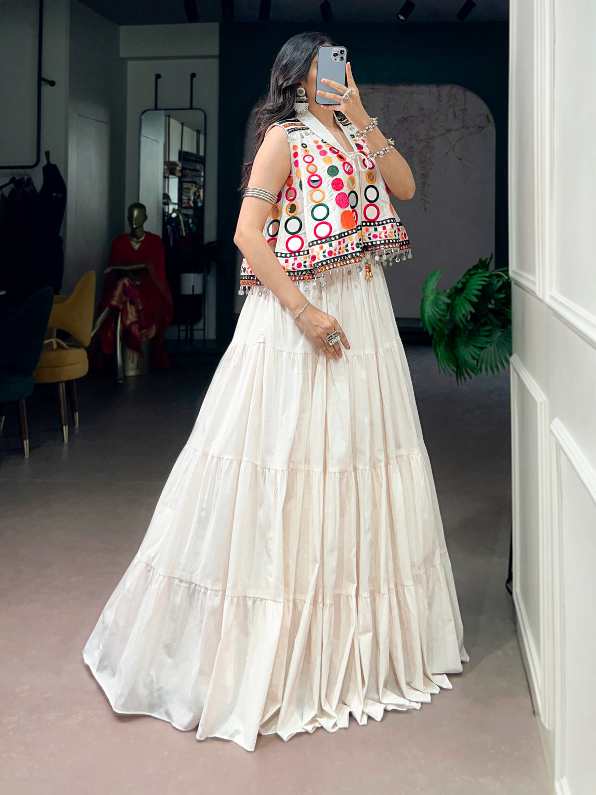 Women's Navratri Lehenga Set in Ivory with Mirror Work