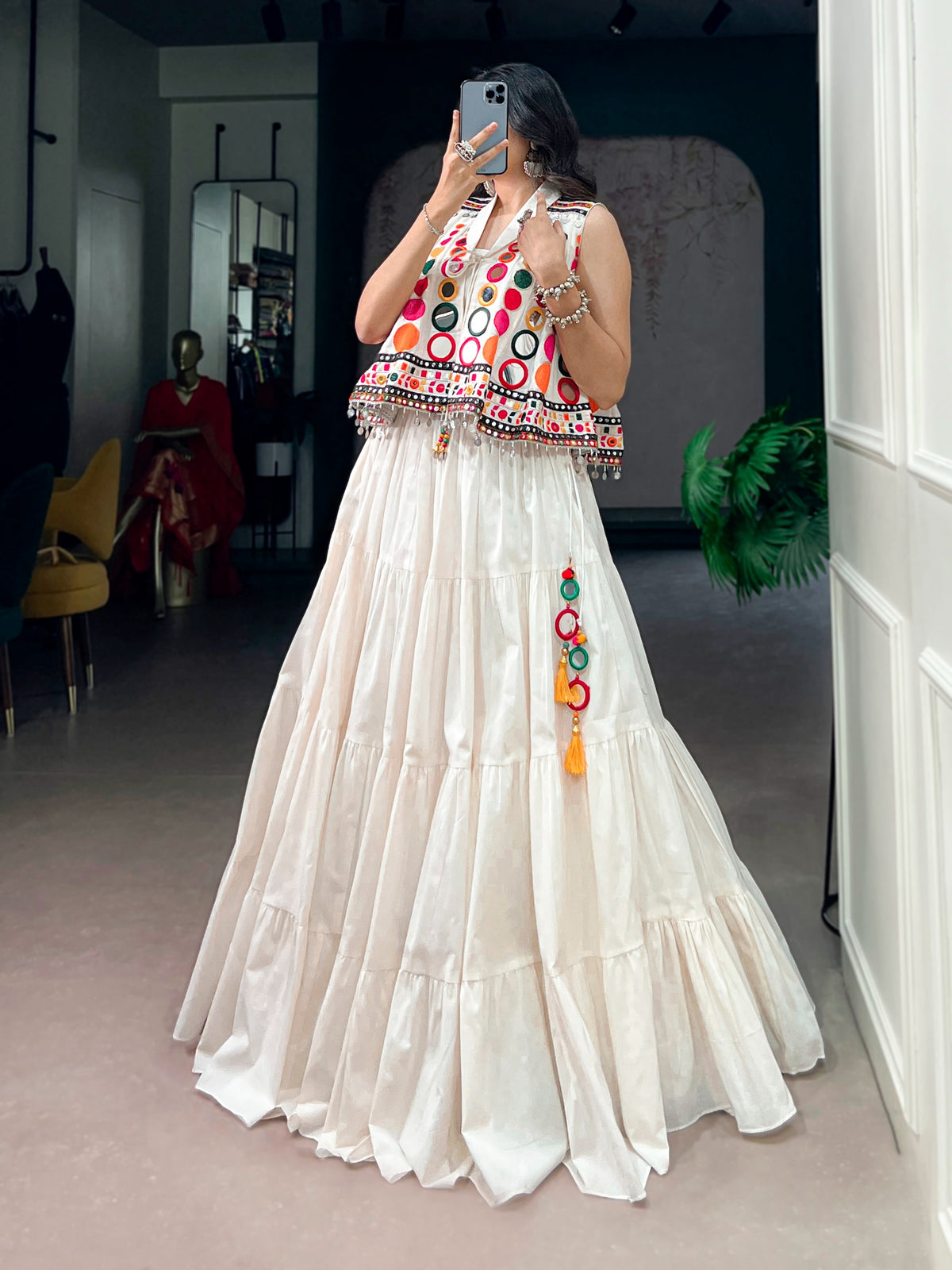 Women's Navratri Lehenga Set in Ivory with Mirror Work