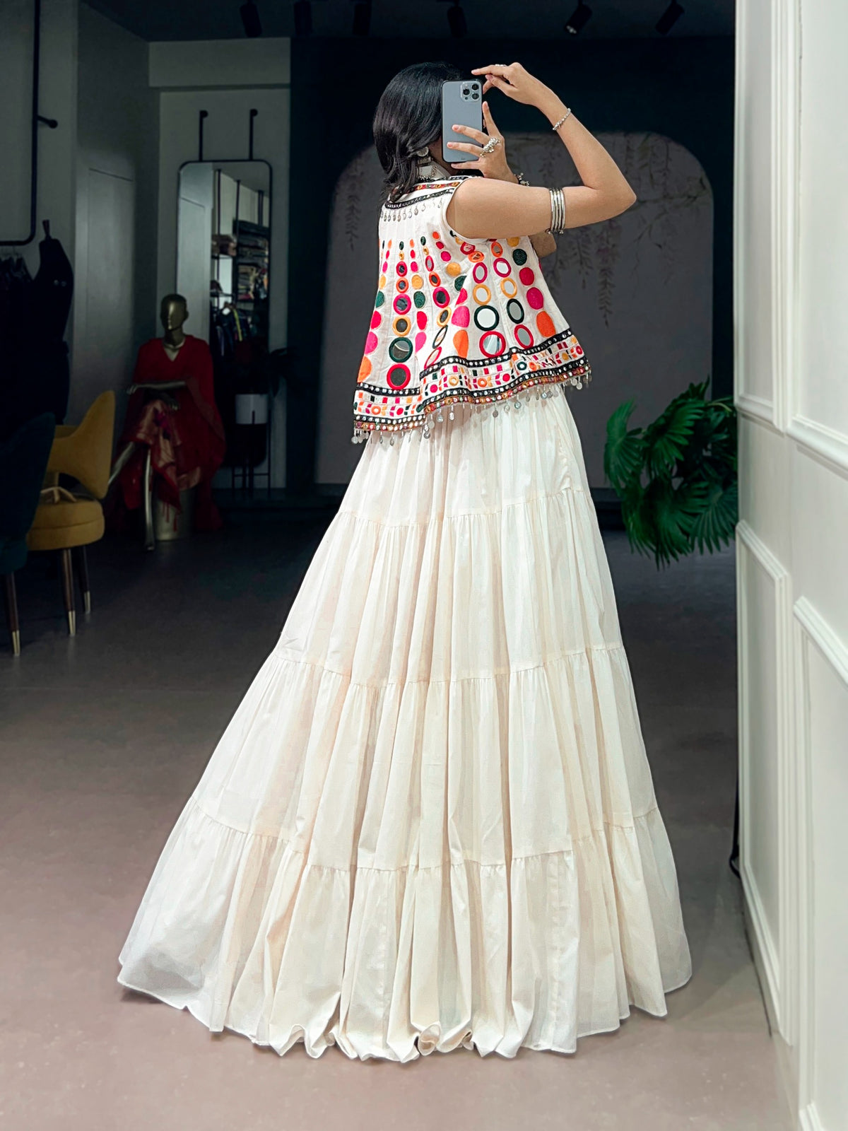 Women's Navratri Lehenga Set in Ivory with Mirror Work