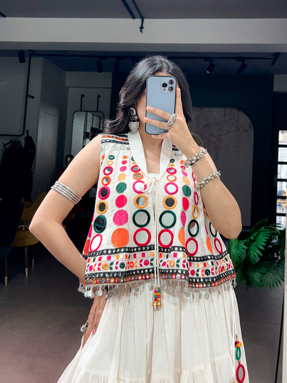 Women's Navratri Lehenga Set in Ivory with Mirror Work