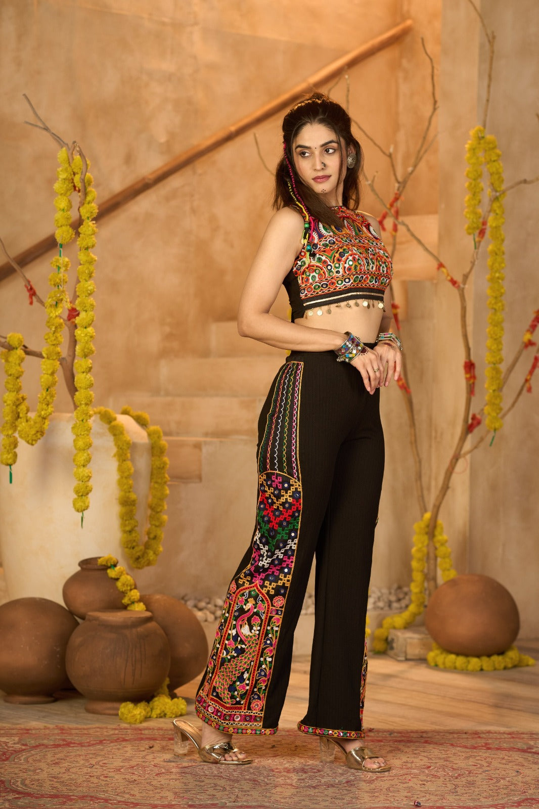 Women's Co Ord Set in Black Ribbed Fabric with Thread Embroidery and Mirror Work