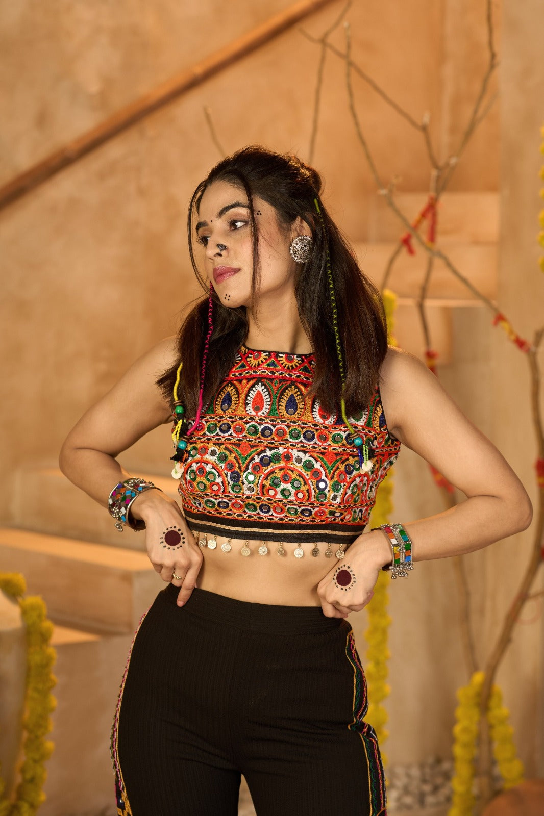 Women's Co Ord Set in Black Ribbed Fabric with Thread Embroidery and Mirror Work