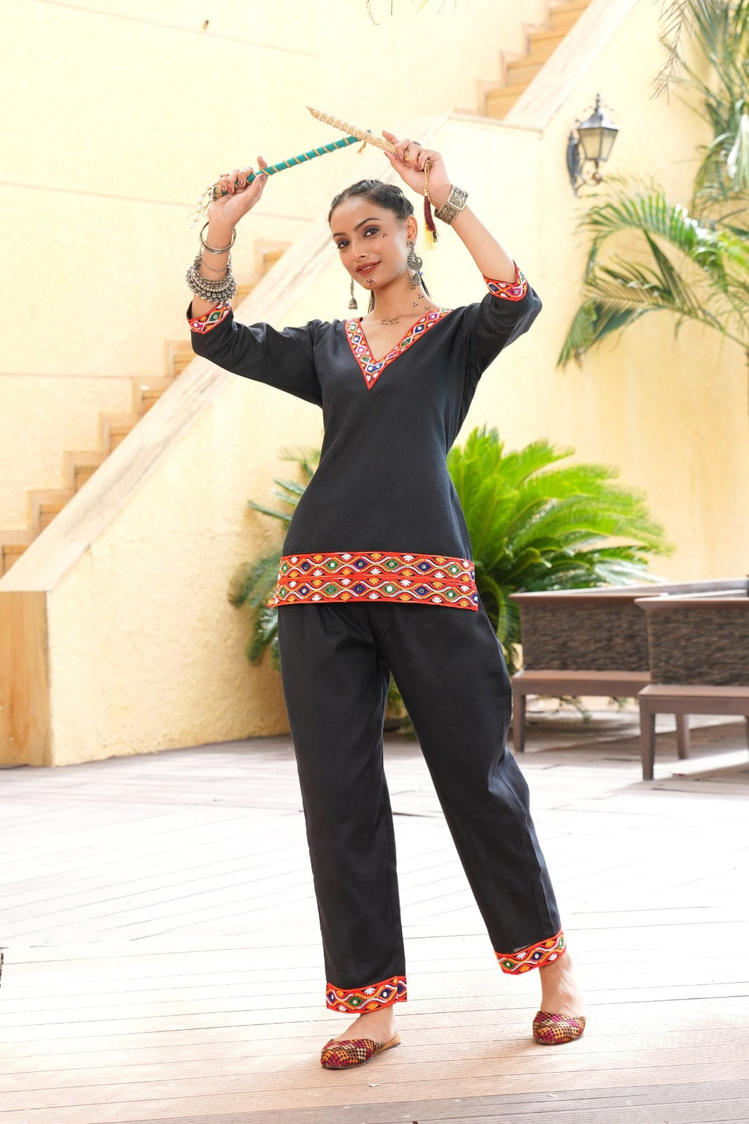Women's Cotton Kurti Pant Set in Black with Mirror and Thread Embroidery