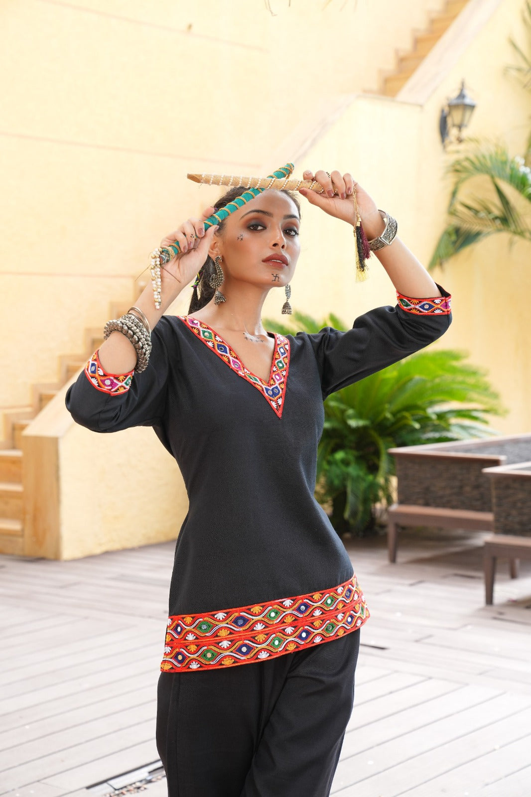 Women's Cotton Kurti Pant Set in Black with Mirror and Thread Embroidery